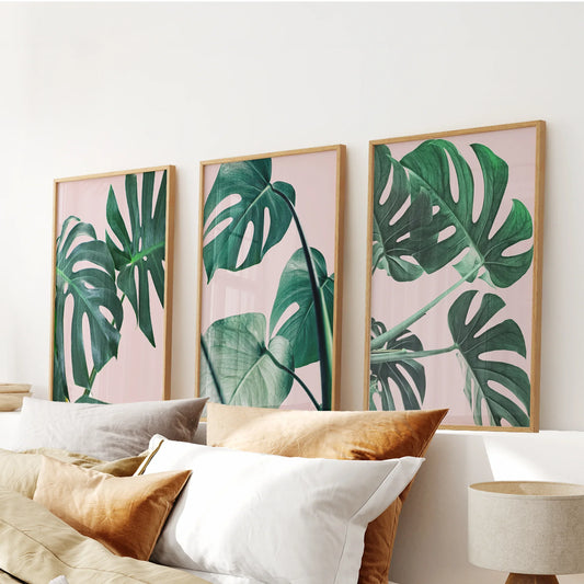 Botanical Wall Art Set of 3 | Pink & Green Monstera Leaf Prints
