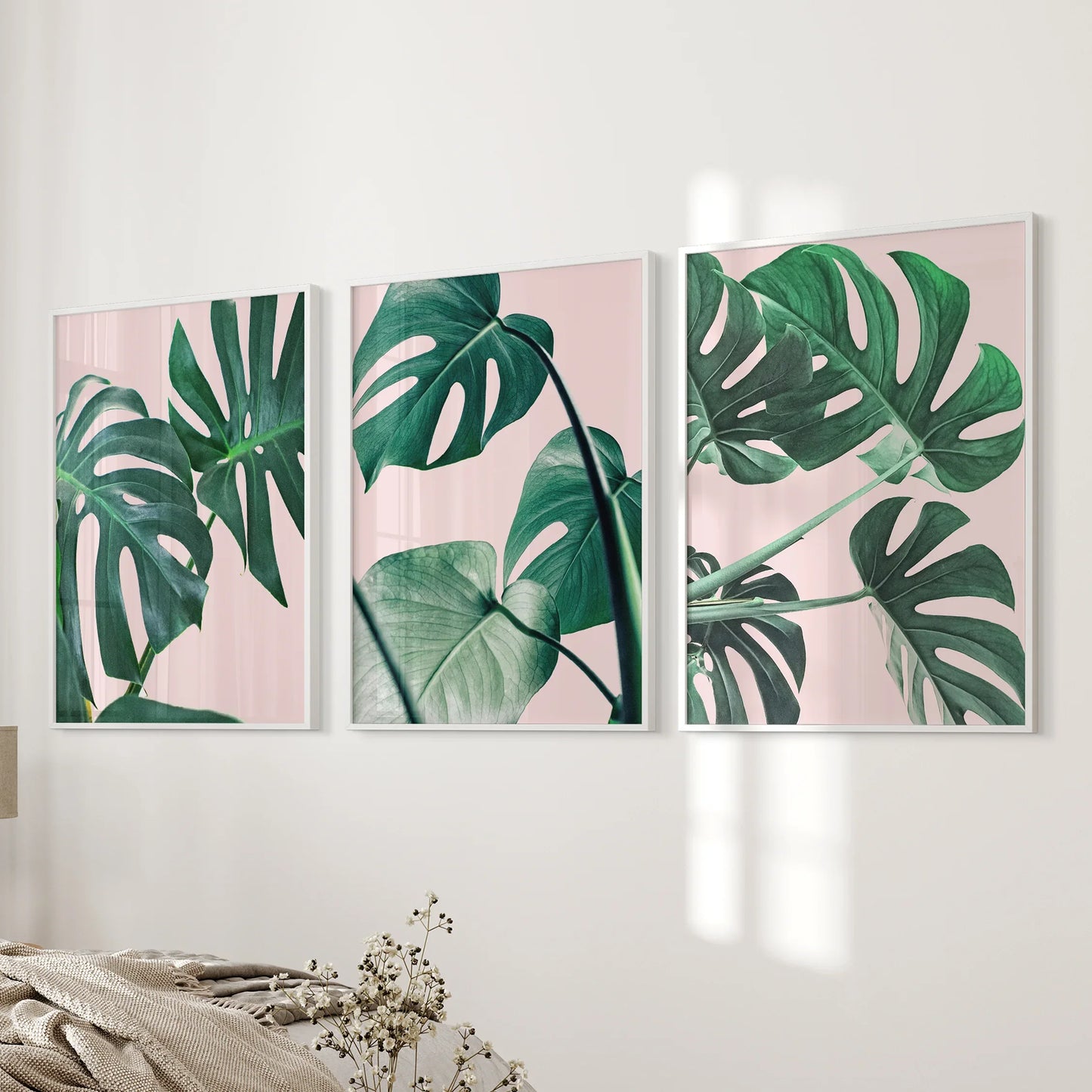 Botanical Wall Art Set of 3 | Pink & Green Monstera Leaf Prints
