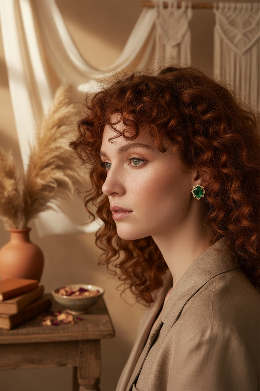 Red-Haired Curly Model in Boho Setting with Emerald Double Stud Earrings