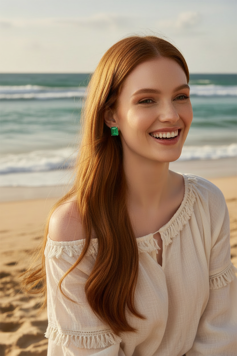 Red-Haired Model at Beach in Casual Boho Shirt with Square Emerald Stud Earrings