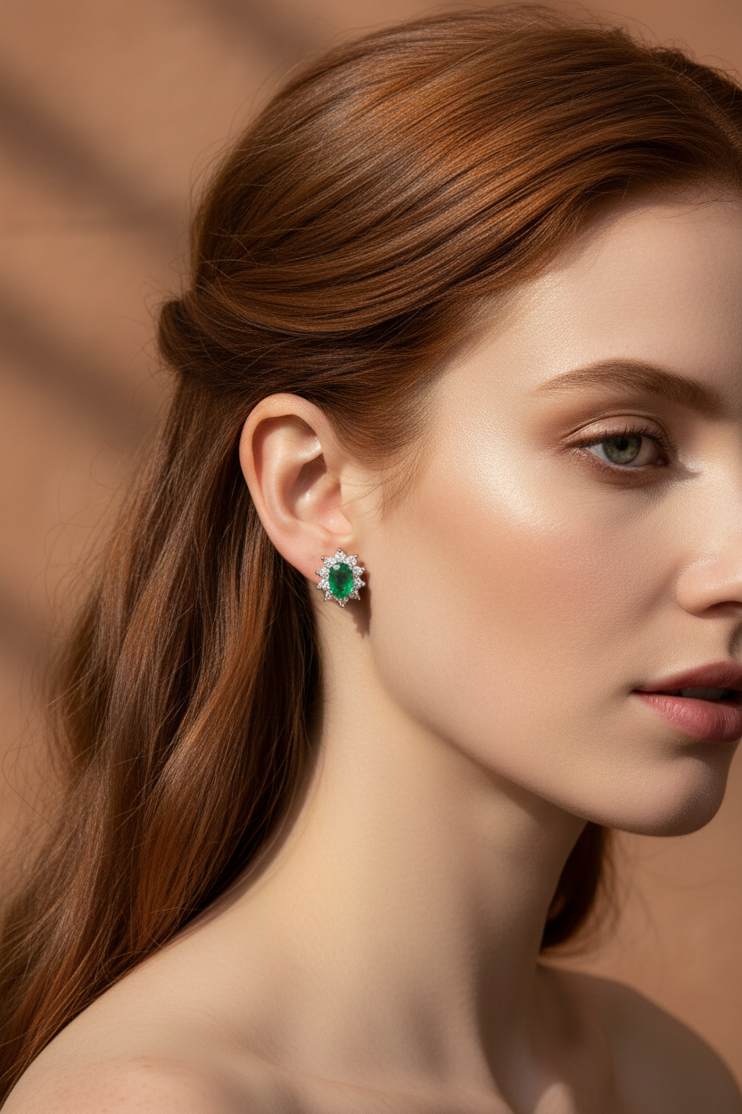 Red-Haired Model with Emerald Stud Earrings