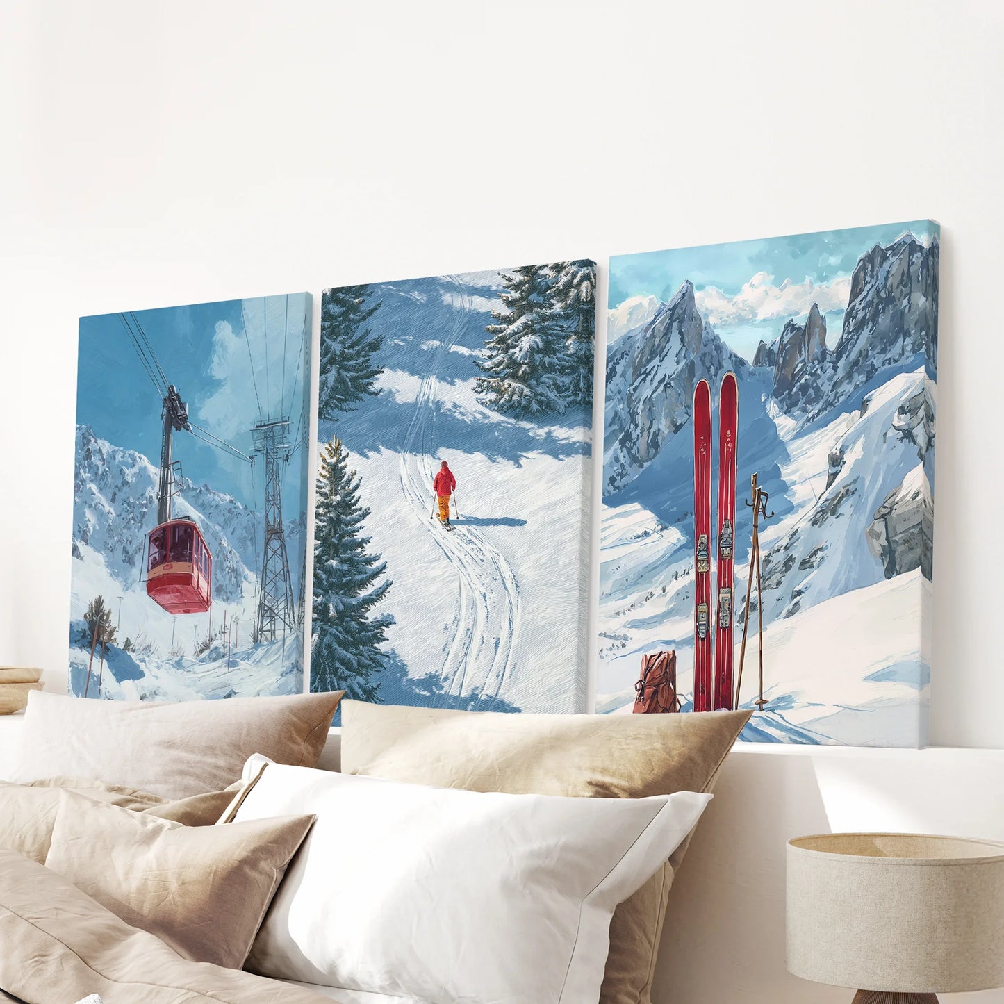 Ski Lodge Wall Art Set of 3 | Mountain, Gondola & Winter Skier Prints