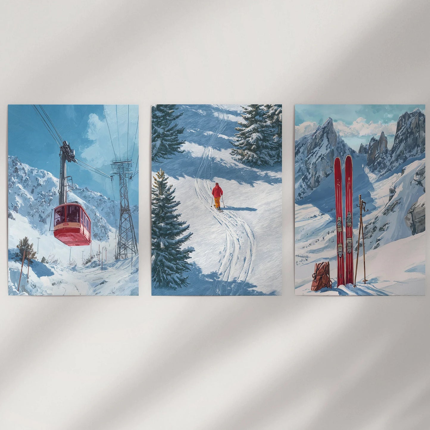 Ski Lodge Wall Art Set of 3 | Mountain, Gondola & Winter Skier Prints
