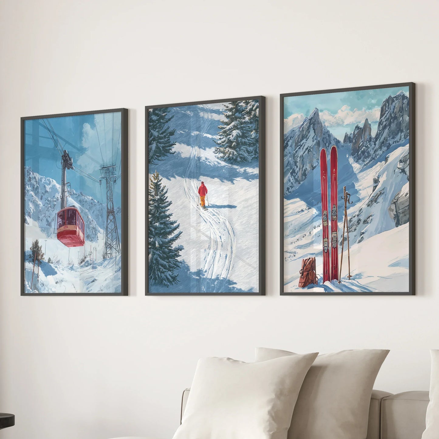 Ski Lodge Wall Art Set of 3 | Mountain, Gondola & Winter Skier Prints