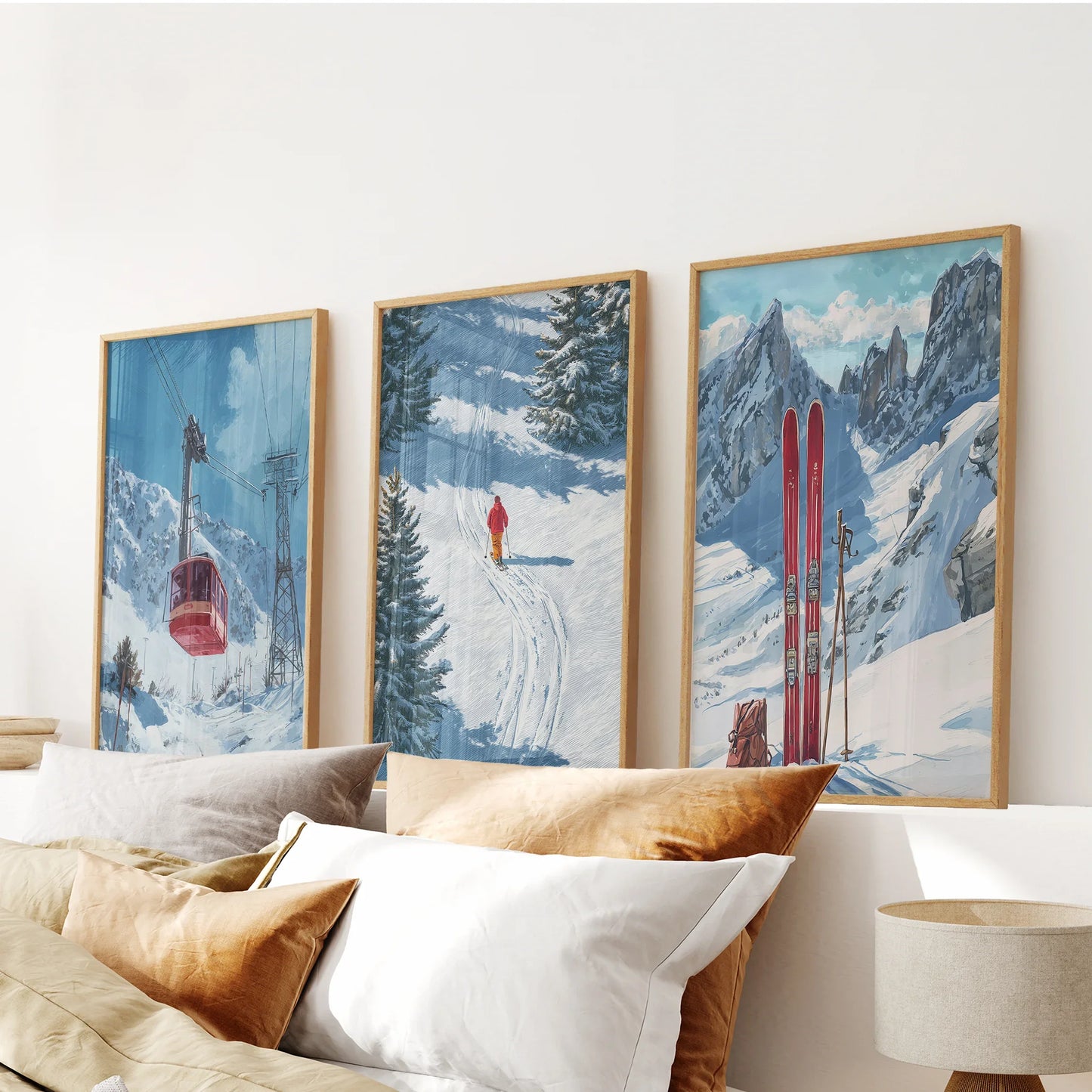 Ski Lodge Wall Art Set of 3 | Mountain, Gondola & Winter Skier Prints