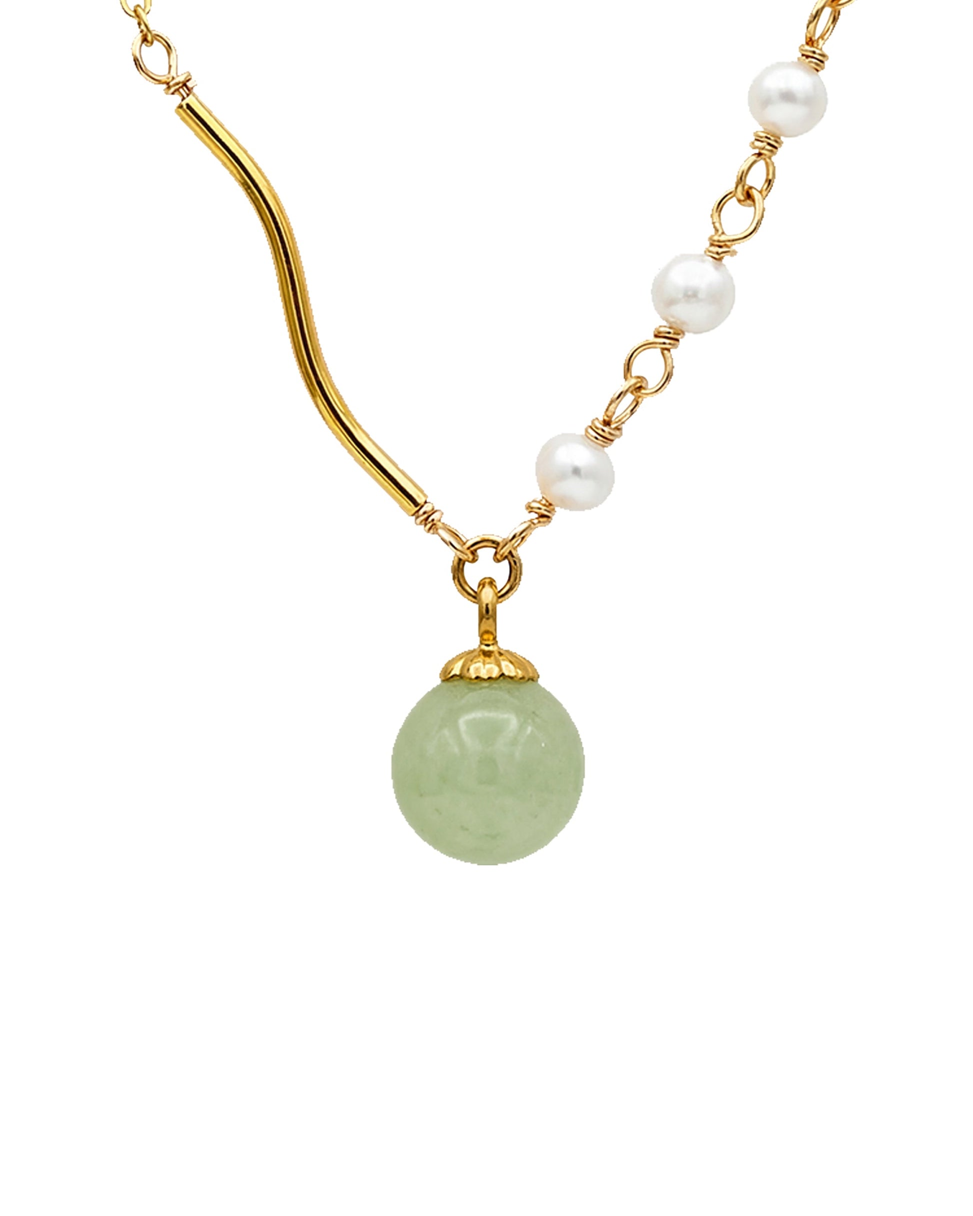 Necklace with gold chain, white pearls, and a green jade pendant on a white background