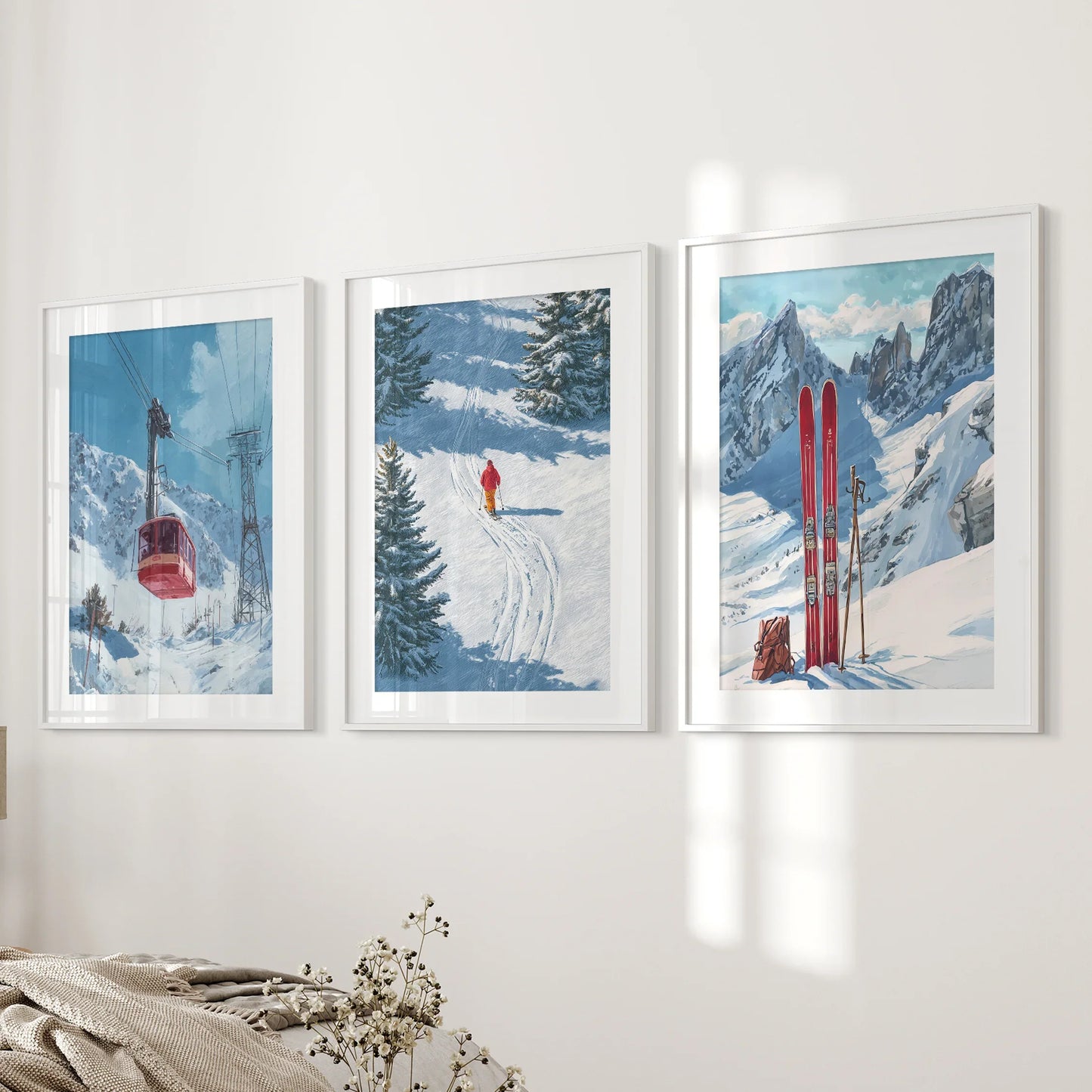 Ski Lodge Wall Art Set of 3 | Mountain, Gondola & Winter Skier Prints