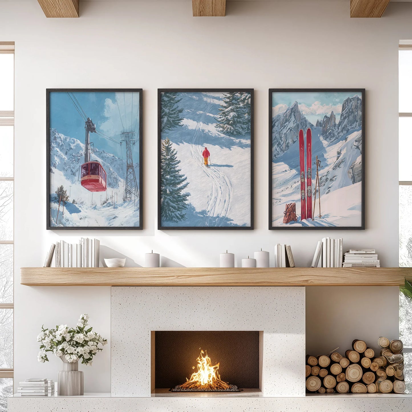 Ski Lodge Wall Art Set of 3 | Mountain, Gondola & Winter Skier Prints