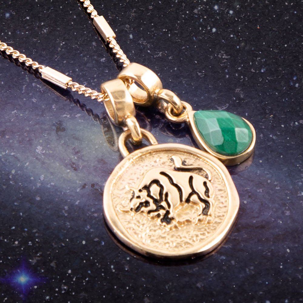 Taurus Zodiac Malachite Charm Necklace | Handcrafted Bronze & Genuine Stone