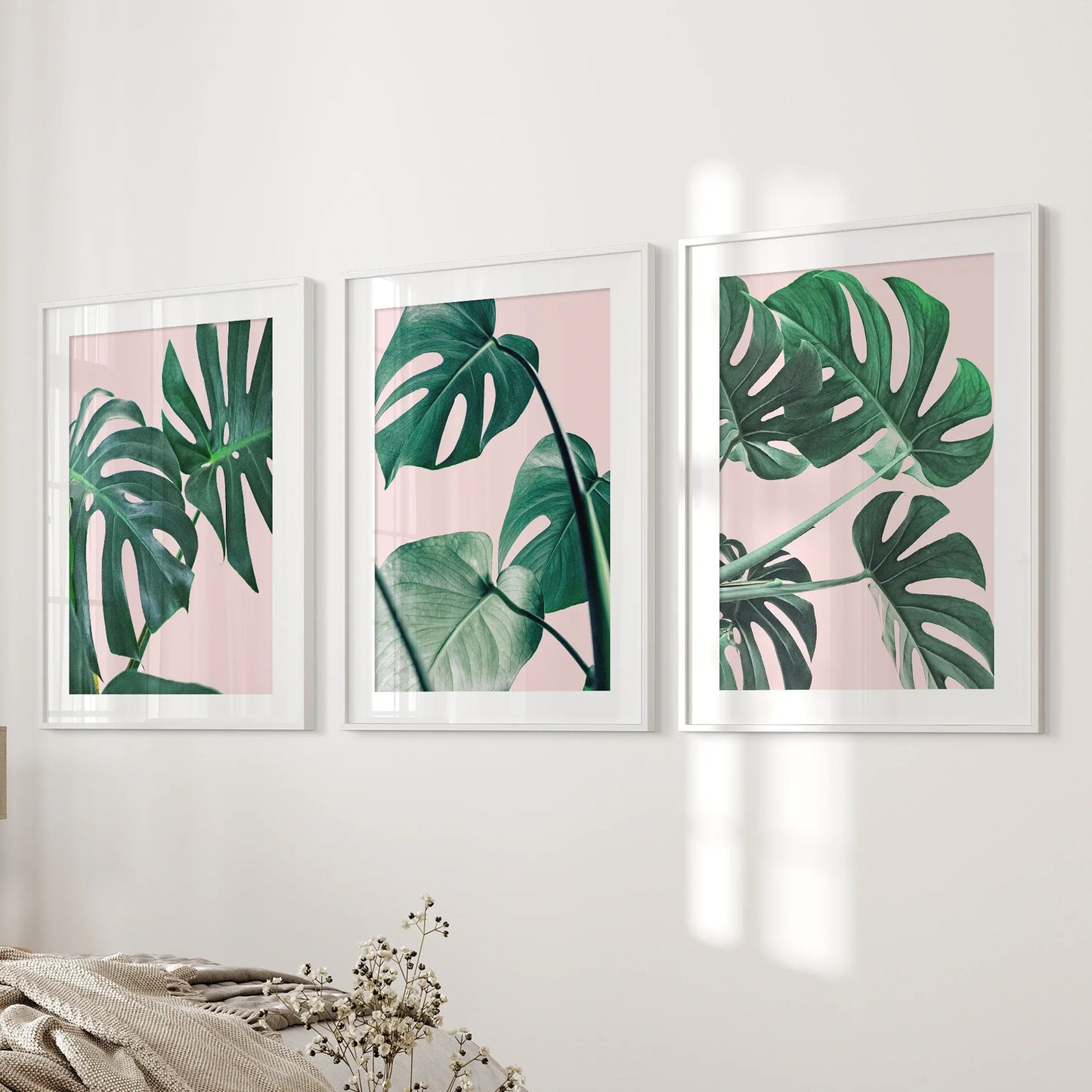 Botanical Wall Art Set of 3 | Pink & Green Monstera Leaf Prints
