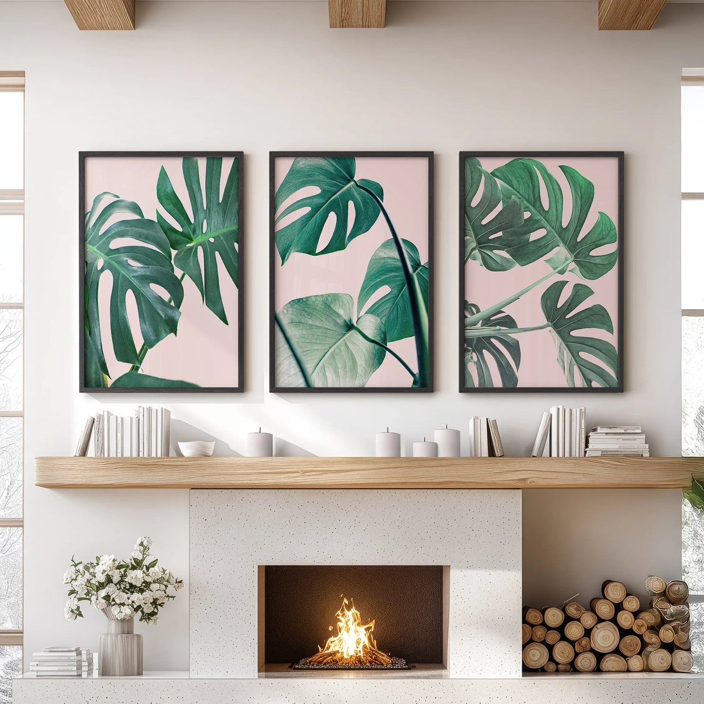 Botanical Wall Art Set of 3 | Pink & Green Monstera Leaf Prints