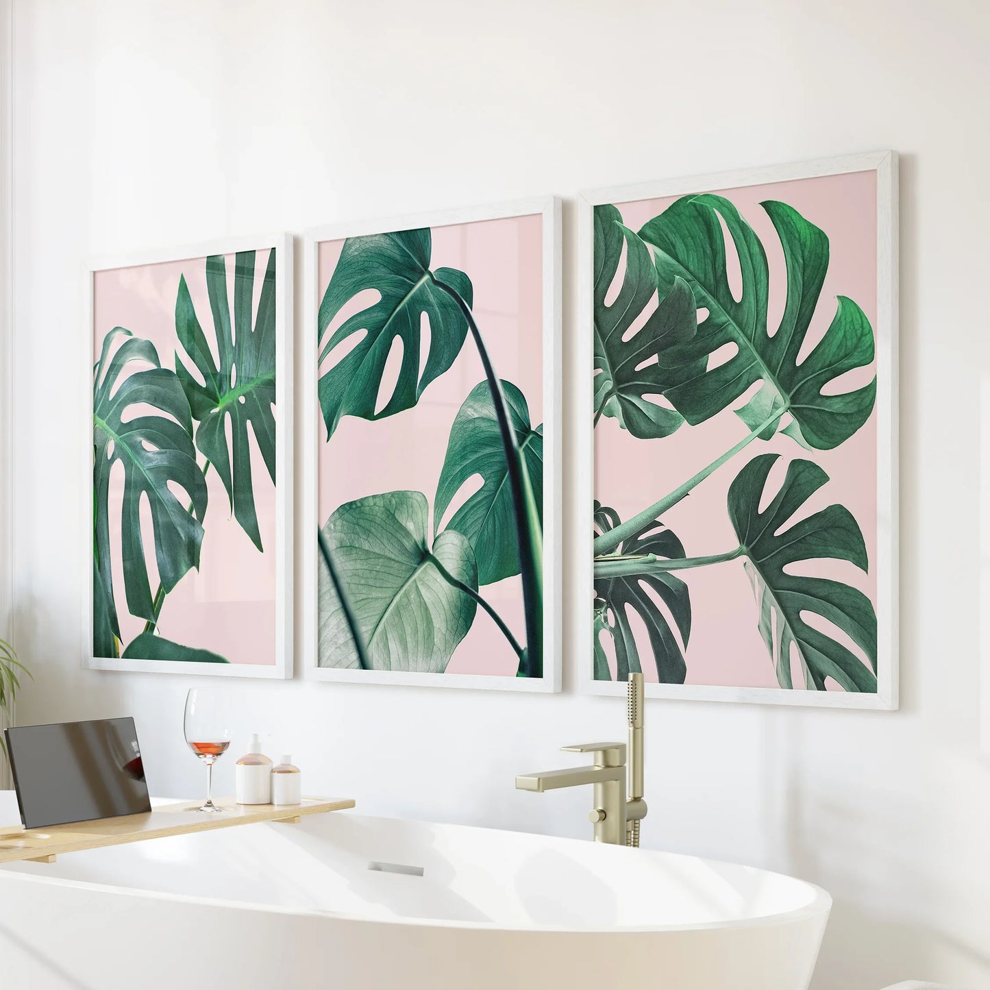Botanical Wall Art Set of 3 | Pink & Green Monstera Leaf Prints