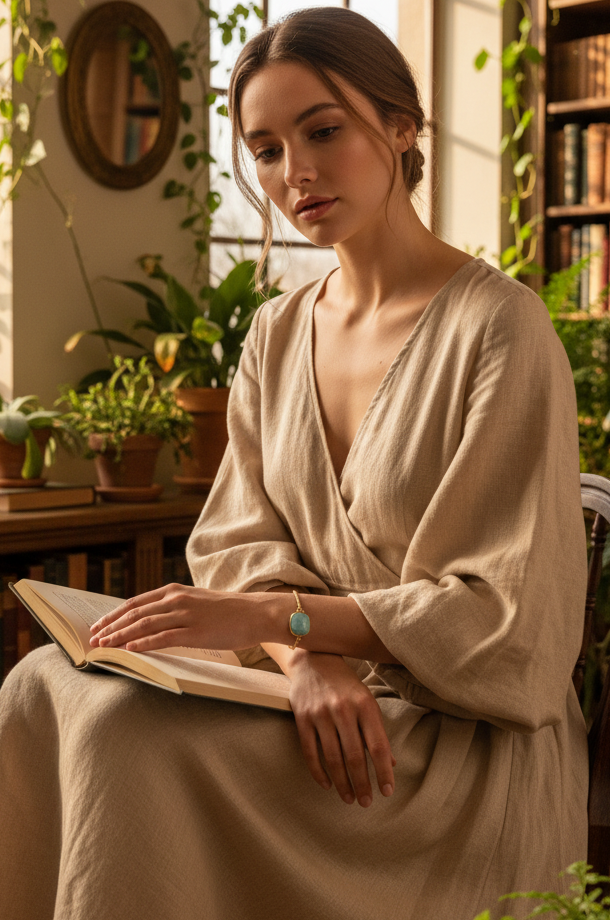 A woman in a beige linen wrap dress sits indoors reading a book, surrounded by warm sunlight, potted plants, and bookshelves.