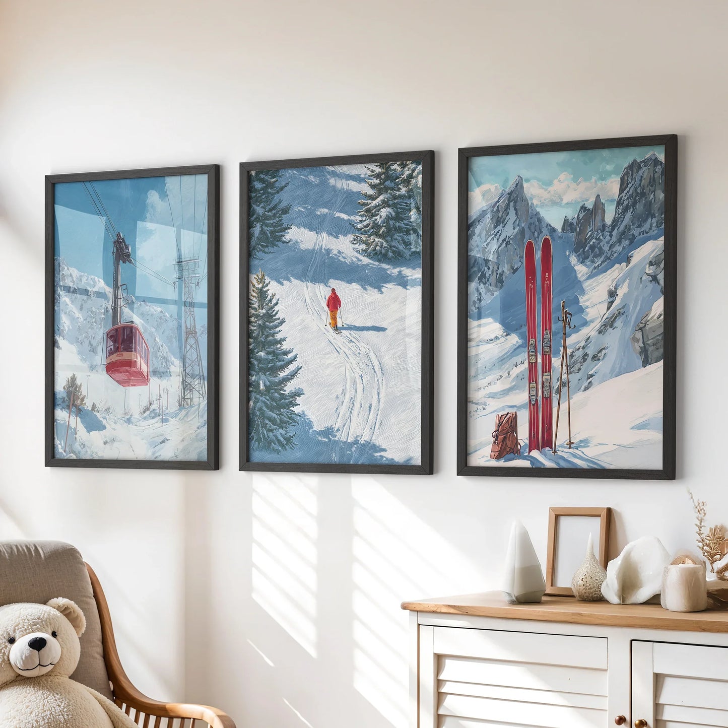 Ski Lodge Wall Art Set of 3 | Mountain, Gondola & Winter Skier Prints