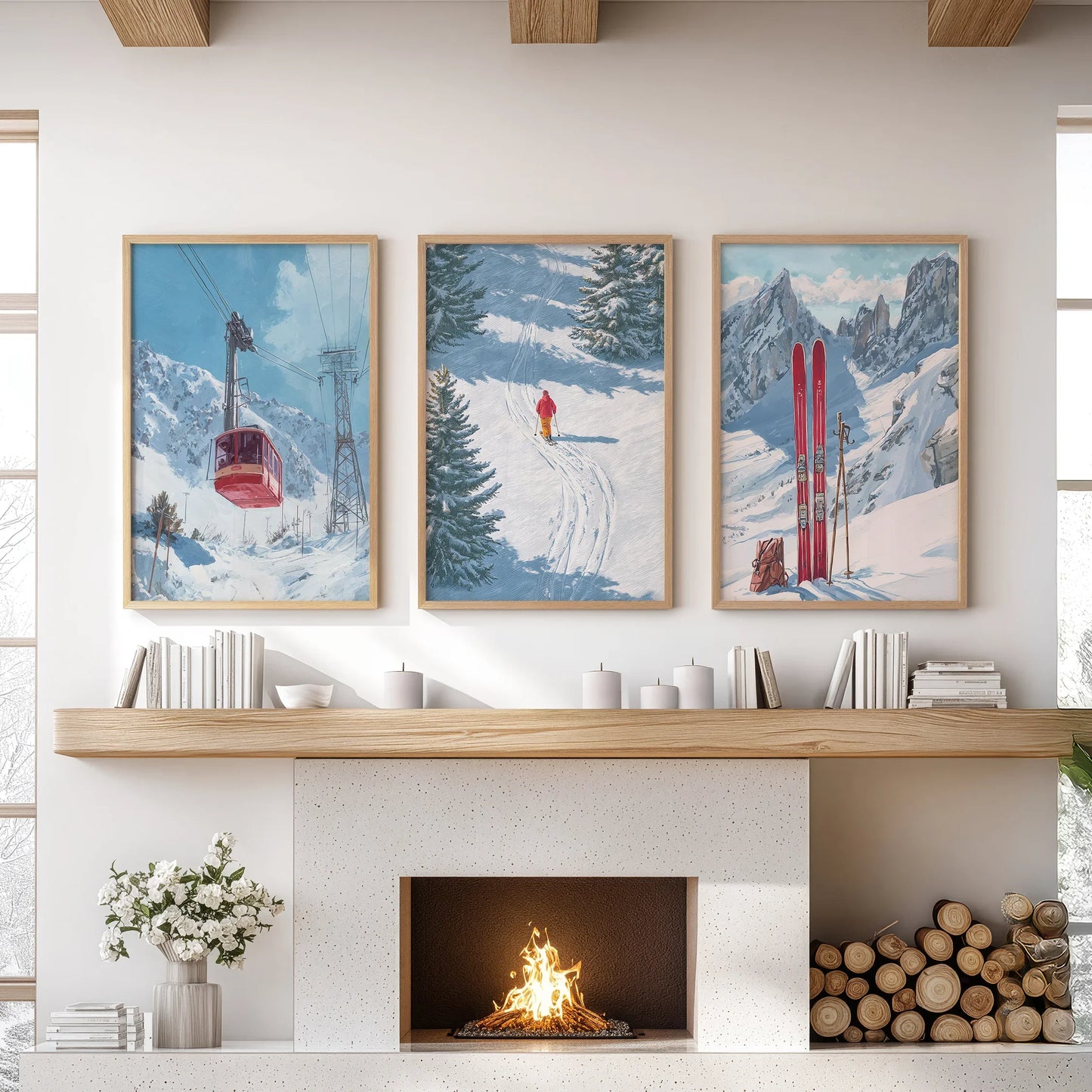 Ski Lodge Wall Art Set of 3 | Mountain, Gondola & Winter Skier Prints