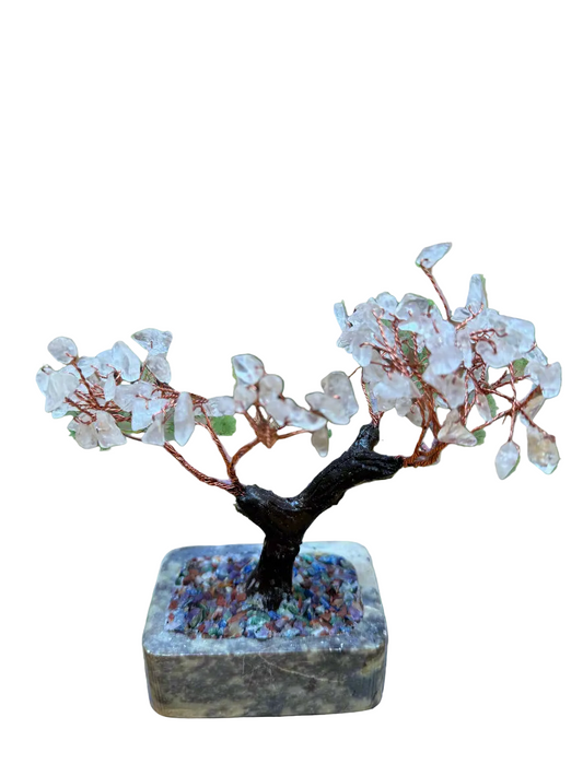 Rose Quartz Gemstone Tree with Multi-Colored Crystal Base - 5" Copper Wire Crystal Decor