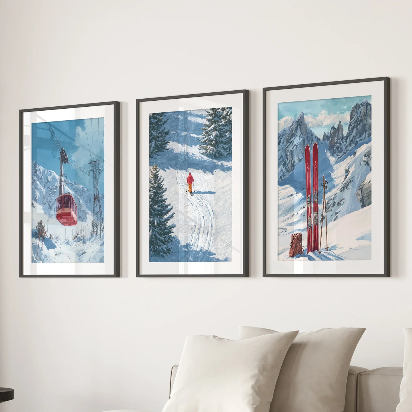 Ski Lodge Wall Art Set of 3 | Mountain, Gondola & Winter Skier Prints