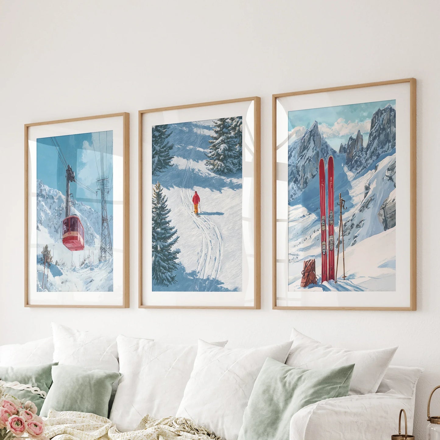 Ski Lodge Wall Art Set of 3 | Mountain, Gondola & Winter Skier Prints