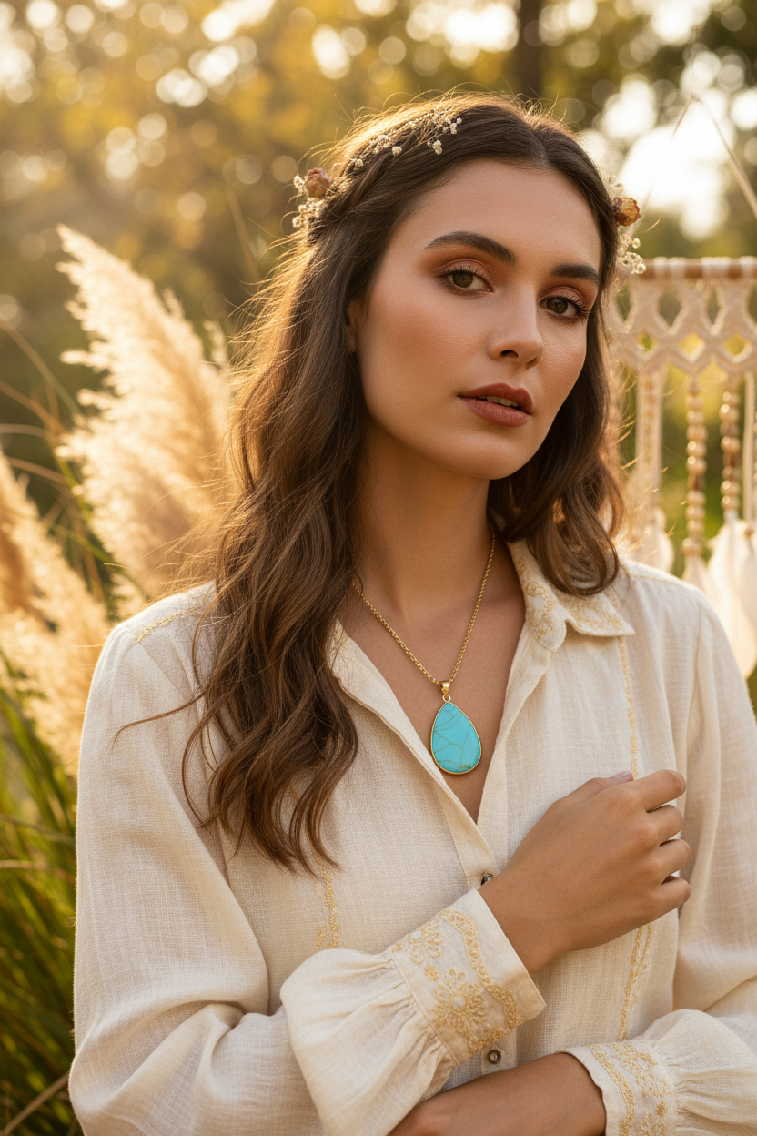 Woman wearing gemstone necklace
