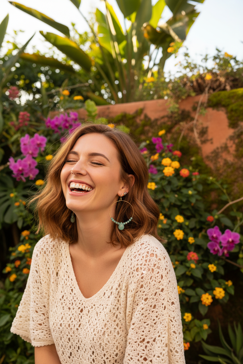 Young Model Wearing Amazonite Hoop Earrings